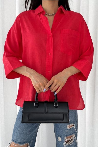 Women's Pomegranate Blossom Poor Sleeve Single Pocket Oversize Cotton Shirt
