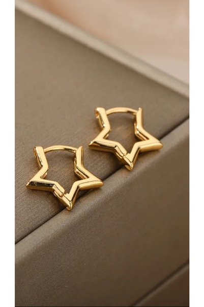 Gold Colored Star Patterned Women's Earrings