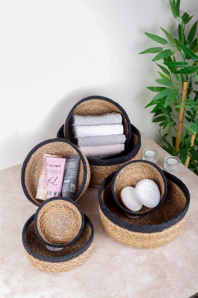 Natural Wicker Basket Organizer, Bathroom Organizer, with Black Stripe 7 Sizes