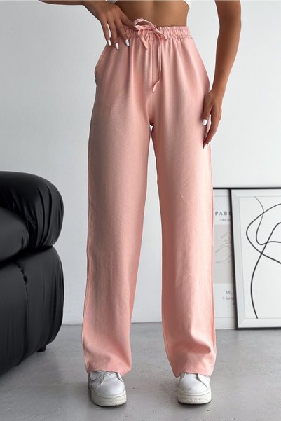 Women's Powder New Season Double Pocket Drawstring Waist Modal Fabric Wide Leg Trousers
