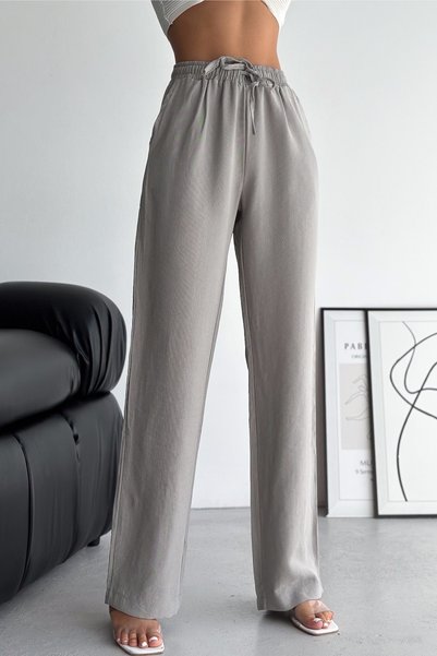 Women's Gray New Season Double Pocket Drawstring Waist Modal Fabric Wide Leg Trousers