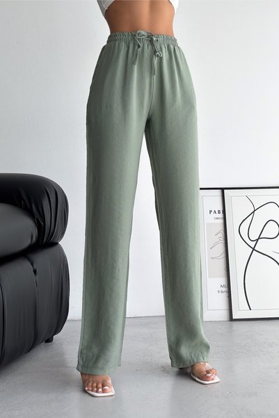 Women's Khaki New Season Double Pocket Drawstring Waist Modal Fabric Wide Leg Trousers