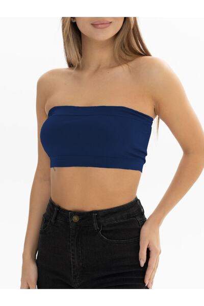 Palude Model Strapless Blouse Knitted Semaless Mdeol Blouse Bondeo Navy Blue Color