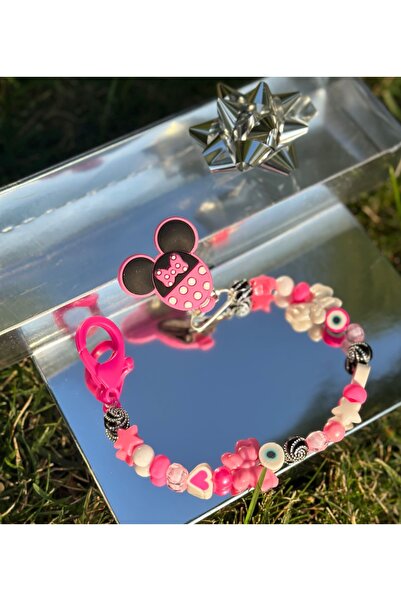 Тренди Minnie Mouse розов ланец за цуцла за девојчиња во подарок кутија, со розово монистро против уроци