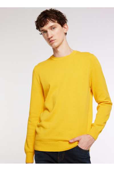 Crew Neck Classic Fit Plain Mustard Men's Sweater E-Bono
