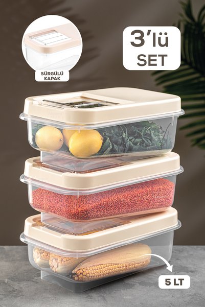 3-Piece Multibox 5 lt Pulses Storage Container with Sliding Lid Food Storage Container Flour Container Cream