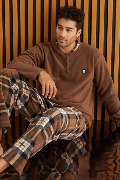 Brown Cream Plaid Patterned Fleece Men's Pajama Set