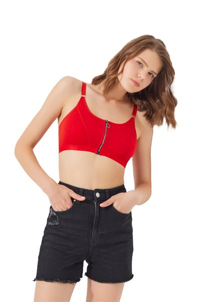Red Cotton Adjustable Strap Zippered Bralette Bustier