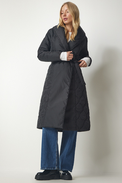 Women's Black Belted Shawl Collar Quilted Coat dz00089