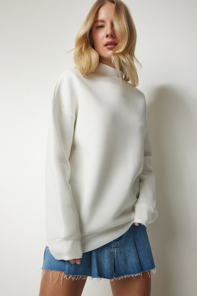 Women's Ecru Stand Collar Basic Ribbed Sweatshirt UB00166