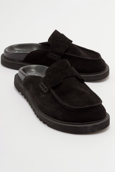 LAVEN Black Suede Genuine Leather Women's Slippers