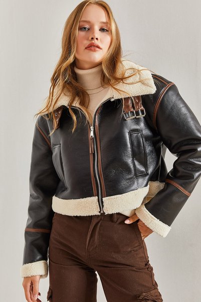 Women's Black Laminated Jacket with Belted Collar 2289