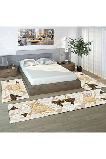 Osso Hali Osso Sari Kahve Geometrik Ucgenler Modern Desenli 3lu Yatak Odasi Yolluk Hali Seti Trendyol