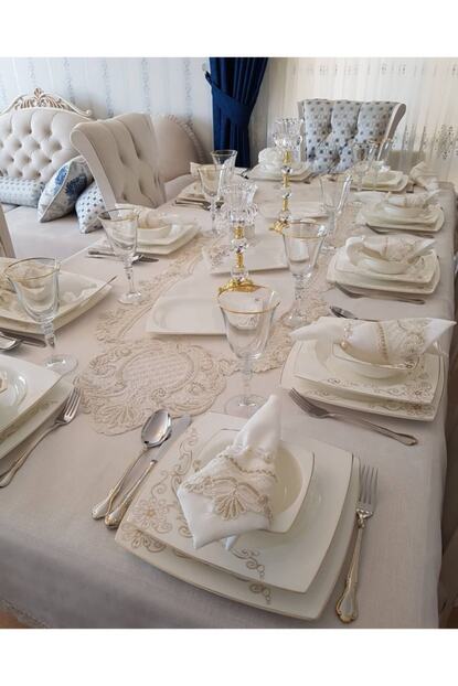 Ceyizci Asiyan 12 Kisilik 26 Parca Fransiz Dantelli Masa Ortusu Yemek Takimi Krem Fiyati Yorumlari Trendyol