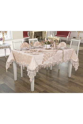 Bursa Ceyiz 26 Parca Kadife Eliza Fransiz Dantelli Linen Yemek Seti Cappuchino Trendyol