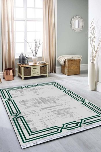 Sevdiz Hali Kaymaz Tabanli Cerceveli Hali Rv80 Yesil Gri Trendyol