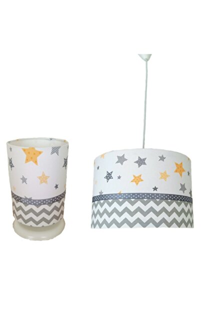 Atolye Lamp Design Cocuk Odasi Bebek Odasi Sari Gri Yildiz Zigzag Desenli Tekli Avize Abajur Takim Fiyati Yorumlari Trendyol