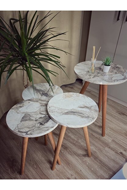 Decorinn Yuvarlak 3 Lu Zigon Sehpa Ve Fiskos Yan Sehpa Takimi Ahsap Ayakli Beyaz Mermer Fiyati Yorumlari Trendyol