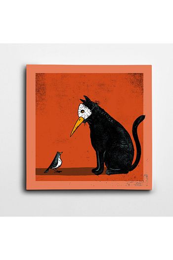 maskeli kedi ve kus kare kanvas tablo 25 x 25 cm