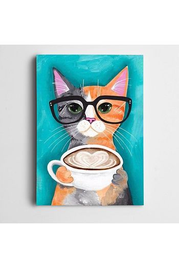 Dekolata Kadin Turuncu Gozluklu Kahve Icen Kedi Kanvas Tablo 70 X 100 Cm Trendyol