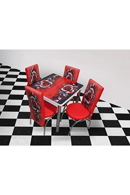 Chic Life Kirmizi Gul Desenli Cam Masa Sandalye Takimi Fiyati Yorumlari Trendyol