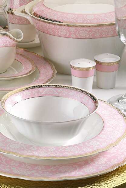Kutahya Porselen 25145 Aspendos 84 Parca Beyaz Pembe Desenli Yemek Takimi Trendyol