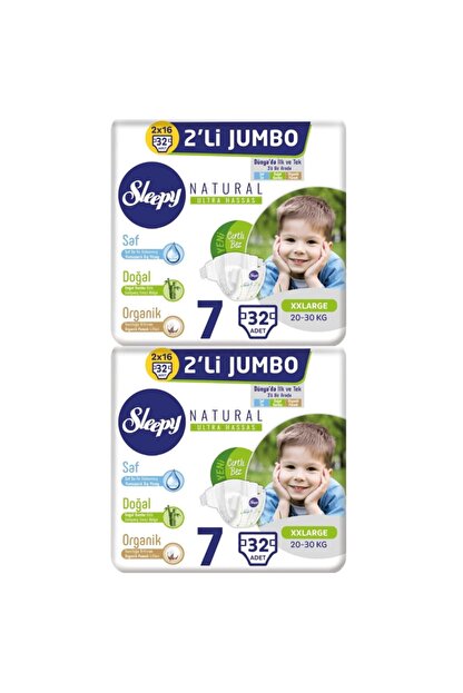 sleepy baby sleepy naturel bebek bezi 2 li jumbo 7 numara beden 20 30 kg 32 li 2 paket fiyati yorumlari trendyol