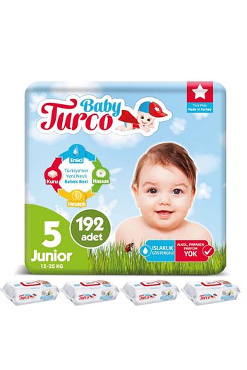 Baby Turco Bebek Bezi 5 Numara 12 25 Kg Junior 192 Adet 360 Yaprak Islak Havlu Trendyol