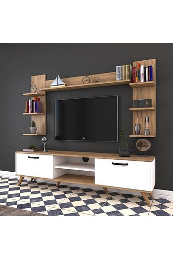 rani mobilya a5 duvar rafli kitaplikli tv unitesi duvara monte dolapli modern ayakli tv sehpasi ceviz beyaz m23 fiyati yorumlari trendyol