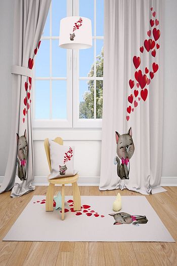 Mekta Home Beyaz Kalp Ve Kedi Desenli Fon Perde 1 Kanat Trendyol