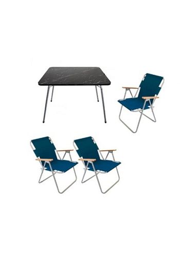 Turkafone 60x45 Granit Katlanir Masa 3 Adet Katlanir Mavi Sandalye Kamp Seti Bahce Balkon Takimi Trendyol