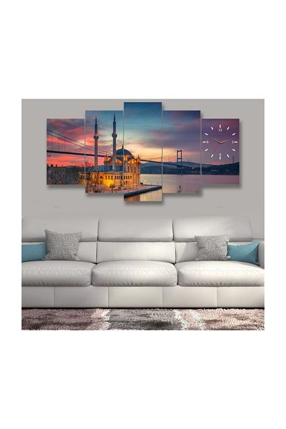 Tektablo 5 Parca Ortakoy Camii Manzara Saatli Kanvas Tablo Trendyol