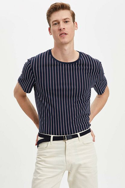 Defacto Erkek Civit Mavisi Cizgili Regular Fit T Shirt N5873az 20sm In75 Trendyol