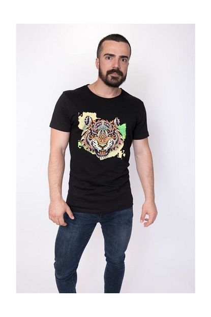 Angemiel Wear Etnik Desenli Vahsi Kaplan Baskili Pamuklu Erkek Siyah Tisort Trendyol