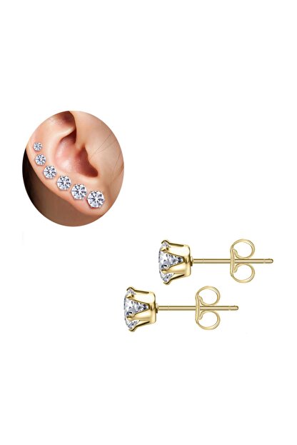 Cadinin Dukkani 6 Mm Tasli Gold Rengi Celik Kadin Ve Erkek Tasli Kupe Trendyol
