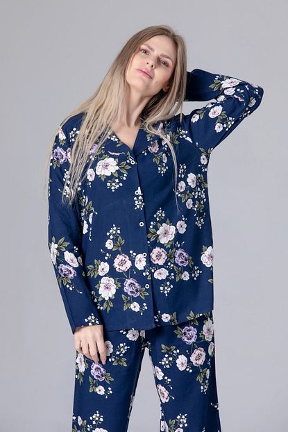 Pijama Denizi Dort Mevsimlik Uzun Kollu Gomlek Yaka Pijama Takimi Lacivert Dokuma Trendyol