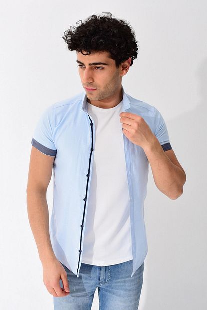 Tena Moda Erkek Mavi Kisa Kollu Slim Fit Keten Gomlek 0yeg11 1873 Trendyol