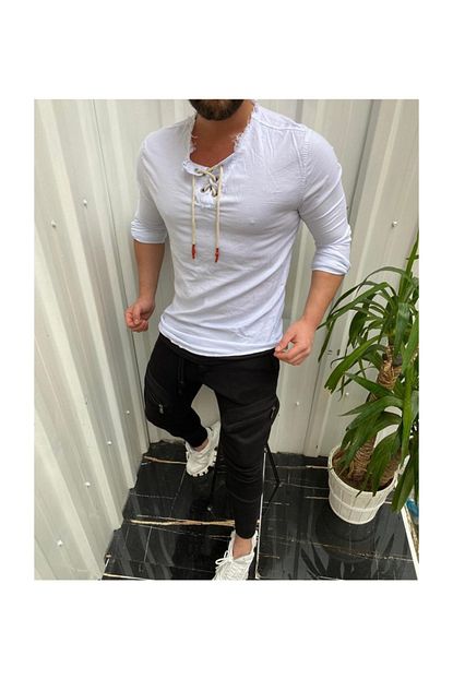 Dacollection Erkek Uzun Kollu Yirtik Yaka Detayli T Shirt Trendyol