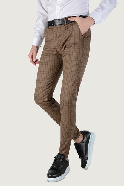 Terapi Men Erkek Ekoseli Slim Fit Keten Pantolon 20k 2200255 Koyu Kahverengi Trendyol