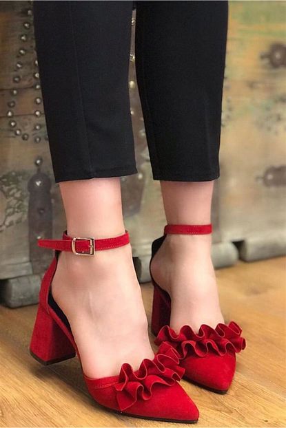 Hepsi Moda Firfirli Topuklu Ayakkabi Kirmizi Trendyol