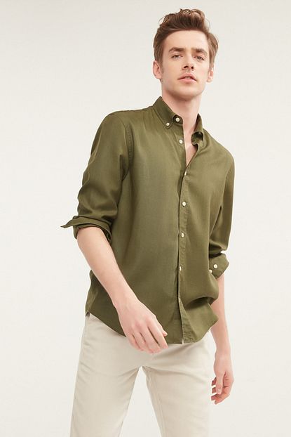 Mudo Erkek Haki Regular Kesim Gomlek Tencel 376005 Trendyol