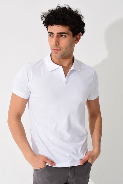 Tena Moda Erkek Beyaz Polo V Yaka Likrali Tisort 0yetstn2053 Trendyol