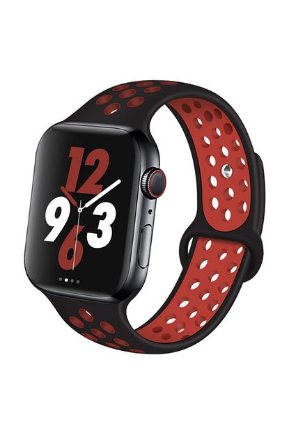 Robotekno Apple Watch Silikon Delikli Kordon Iwatch Uyumlu Kayis Seri 42 Mm 44 Mm Siyah Kirmizi Trendyol