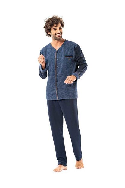 Erdem Erkek 2 Li Pijama Takimi Desenli V Yaka Boydan Dugmeli Lacivert Xl Trendyol