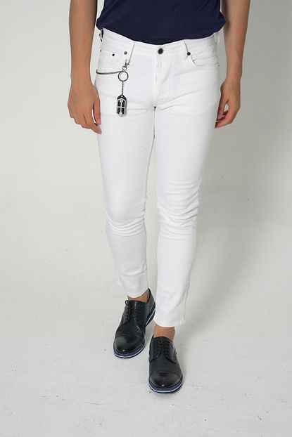 Vacchi Erkek Beyaz Zincirli Slimfit Darkesim Smart Casual Yeni Sezon Jean Dar Paca Likrali Kot Pantolon Trendyol