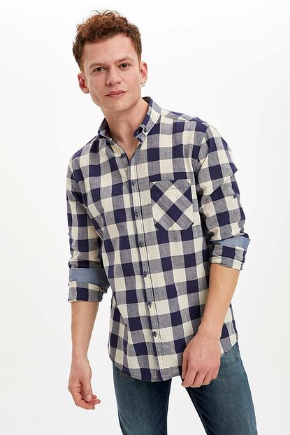 Defacto Erkek Lacivert Ekose Slim Fit Gomlek N8398az 20sp Nv100 Trendyol