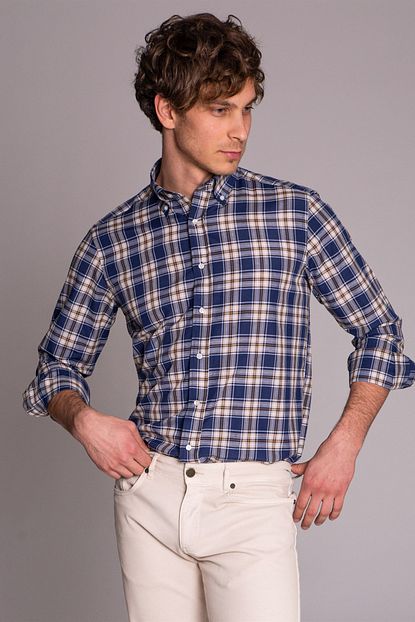 Tudors Slim Fit Kareli Mavi Erkek Gomlek 5871