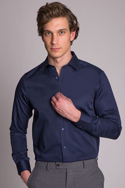 Dufy Lacivert Pamuklu Saten Klasik Erkek Gomlek Slim Fit Trendyol