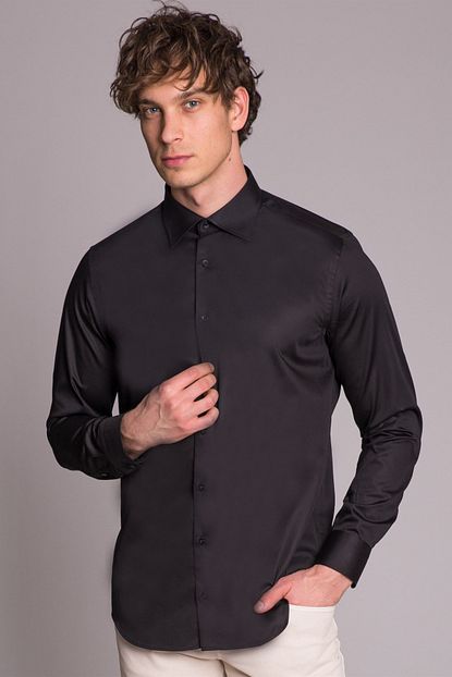 Dufy Siyah Duz Pamuklu Erkek Gomlek Slim Fit Trendyol
