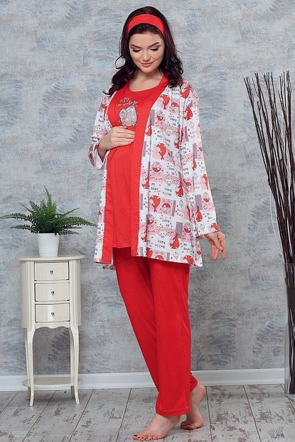 Lohusa Sepeti 3715 My Baby Kirmizi Sabahlikli Lohusa Pijama Takimi Trendyol